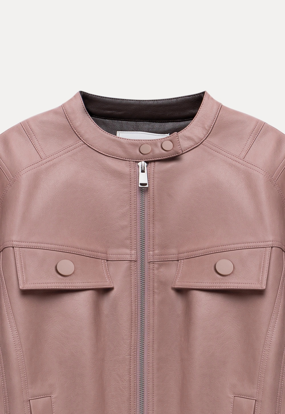 Womens Faux Leather Jacket with Zipper Front and Contrast Cuffs