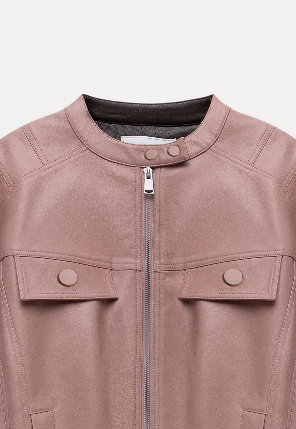 Womens Faux Leather Jacket with Zipper Front and Contrast Cuffs