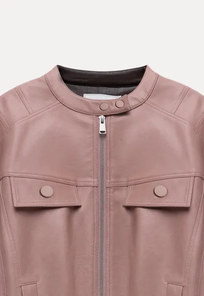 Womens Faux Leather Jacket with Zipper Front and Contrast Cuffs