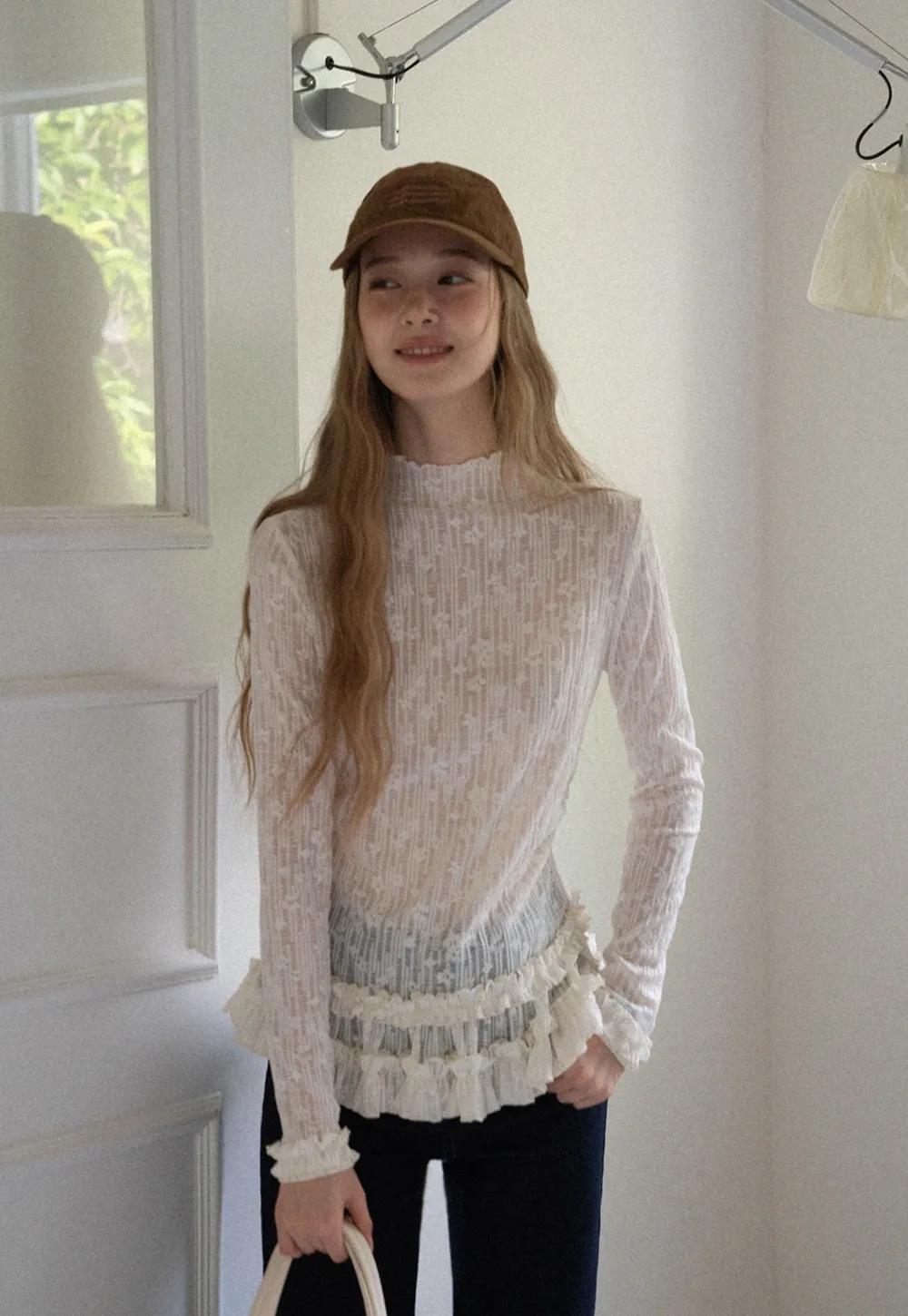 Women High Neck Long Sleeve Lace Top with Layered Ruffle Hem