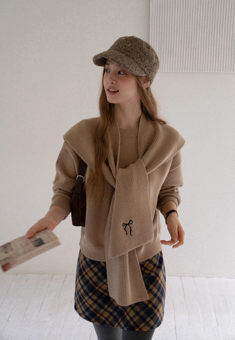 Women Faux Layered Sweater with Scarf Collar