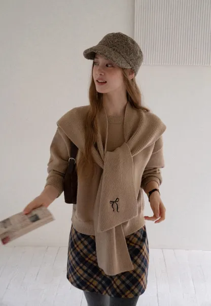 Women Faux Layered Sweater with Scarf Collar