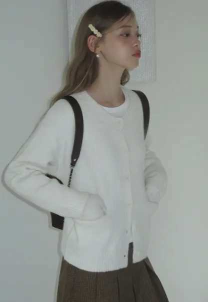 Women Basic Cream Knit Cardigan Casual Warm Sweater