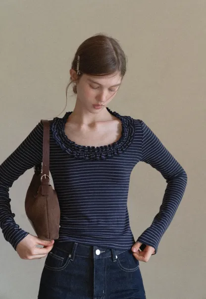 Women Striped Long Sleeve Tee with Ruffled Neckline