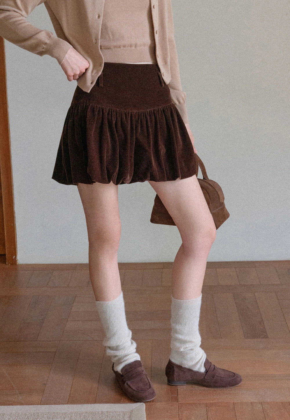 Women Velvet Bubble Hem Mini Skirt High Waist
