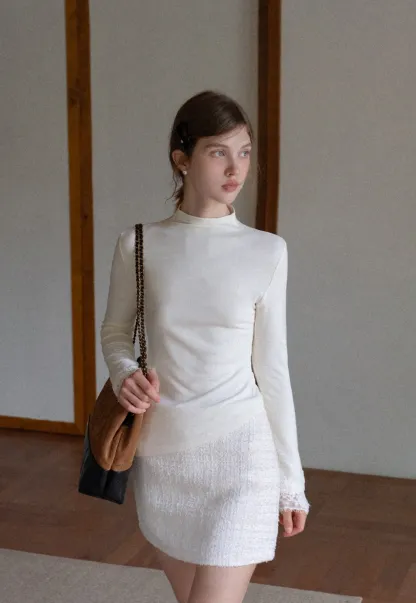 Women Cream White Lace Cuff High Neck Tee