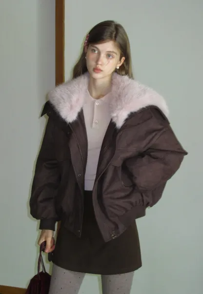 Women Fuzzy Collar Suede Jacket Warm Outerwear