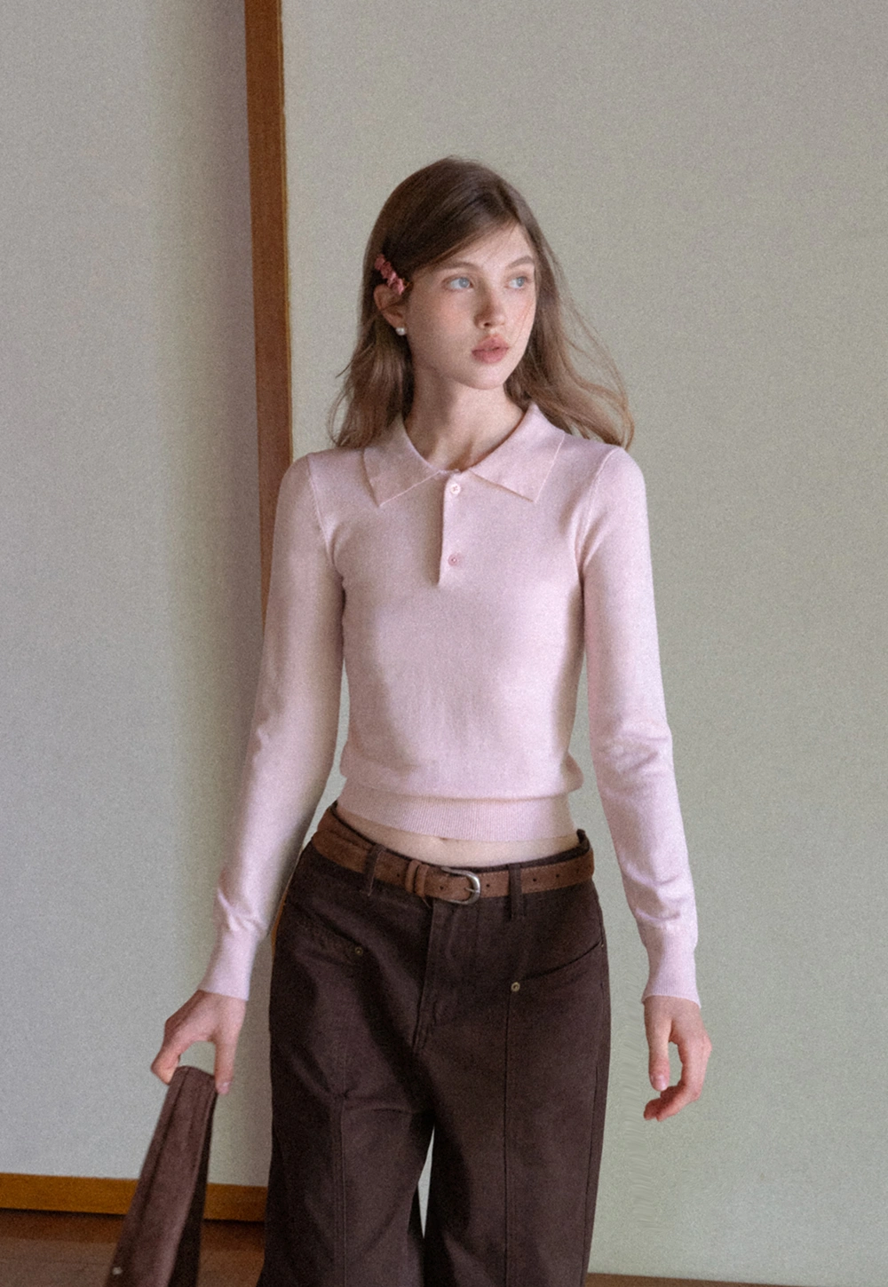 Women Soft Knit Polo Sweater Long Sleeve Pullover