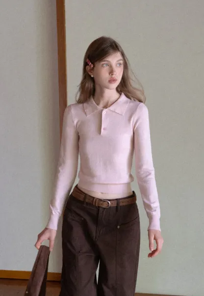 Women Soft Knit Polo Sweater Long Sleeve Pullover