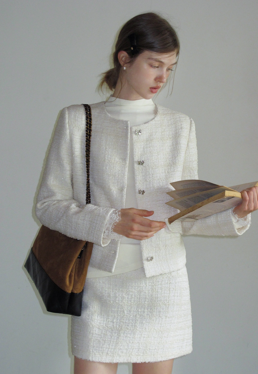 Women Elegant Tweed Skirt Suit Set with Crop Jacket