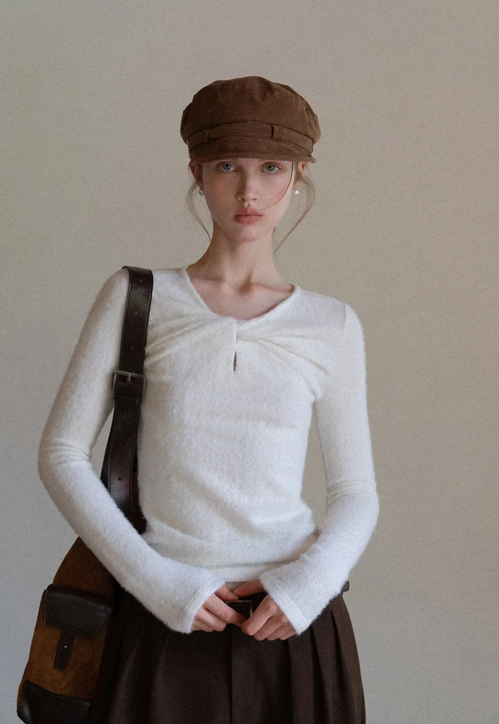 Women Soft Fluffy Knit Top Twist Front Long Sleeve