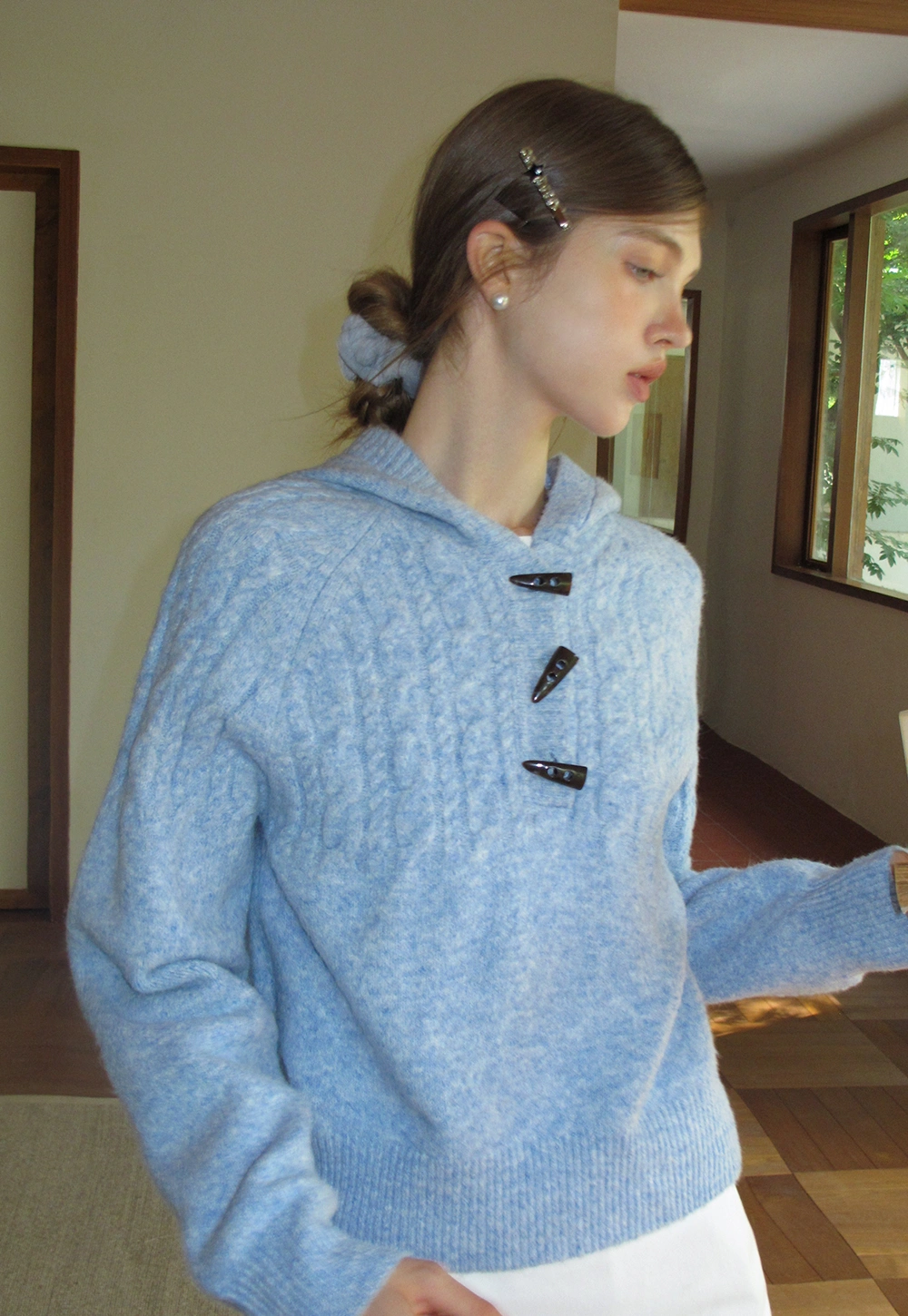 Women Winter Cable Knit Hooded Pullover