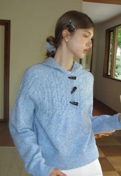 Women Winter Cable Knit Hooded Pullover