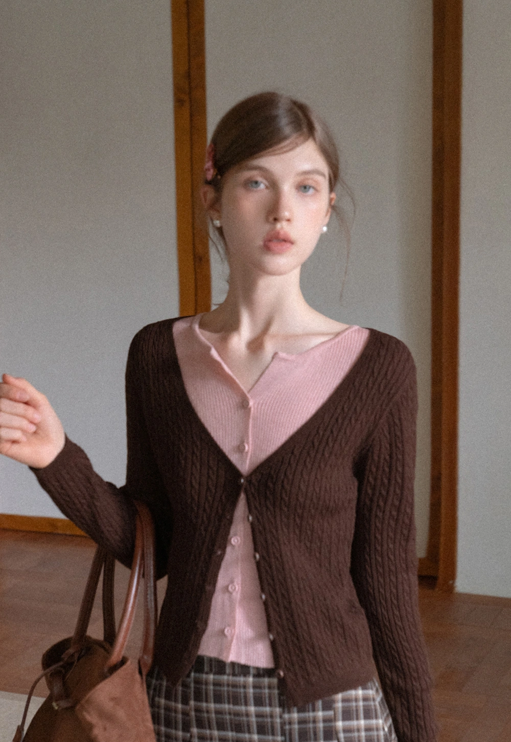 Two Tone Cable Knit Cardigan for Women