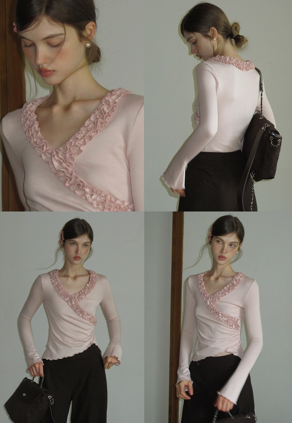 Ruffled V Neck Slim Fit Long Sleeve Tee