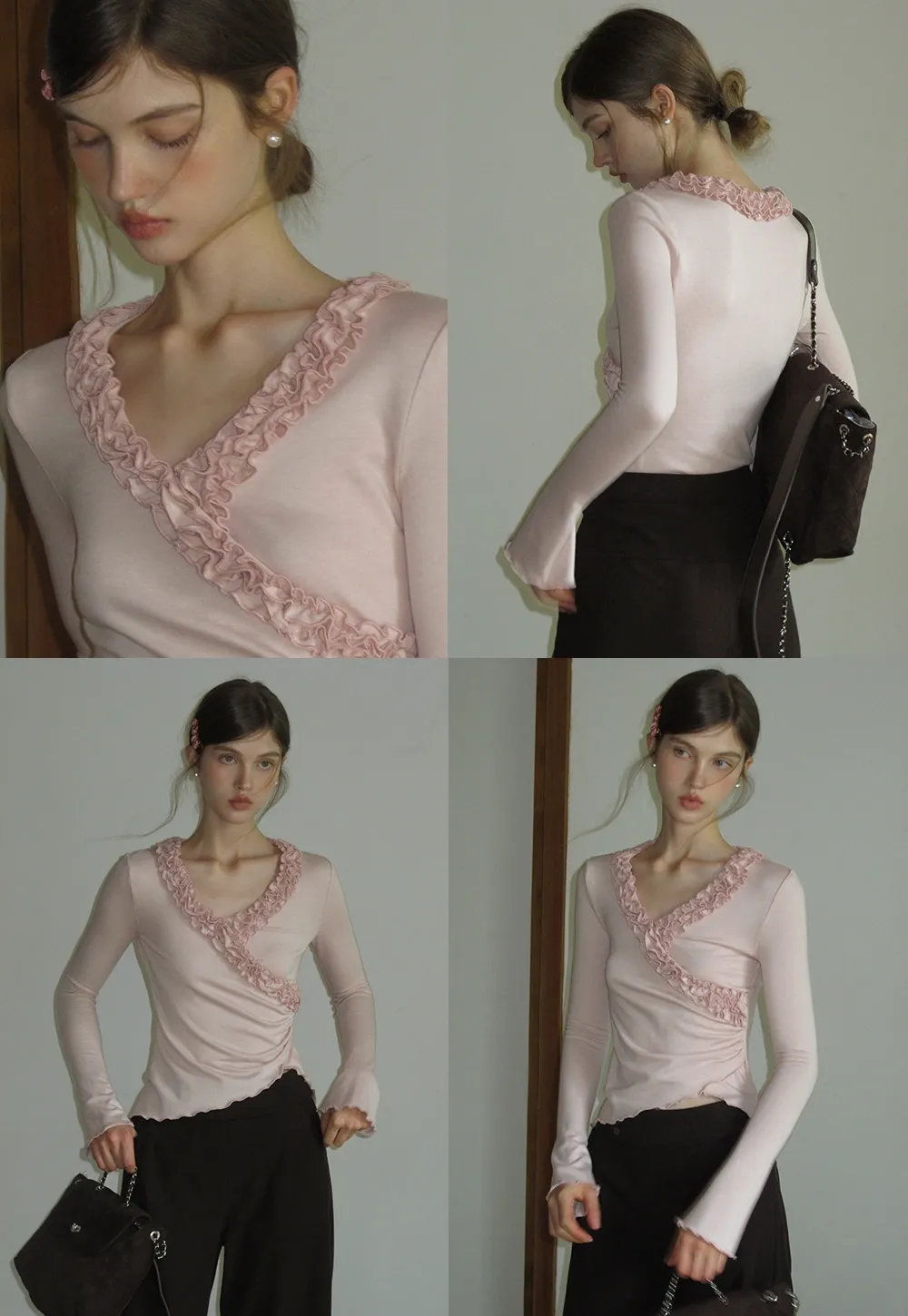 Ruffled V Neck Slim Fit Long Sleeve Tee