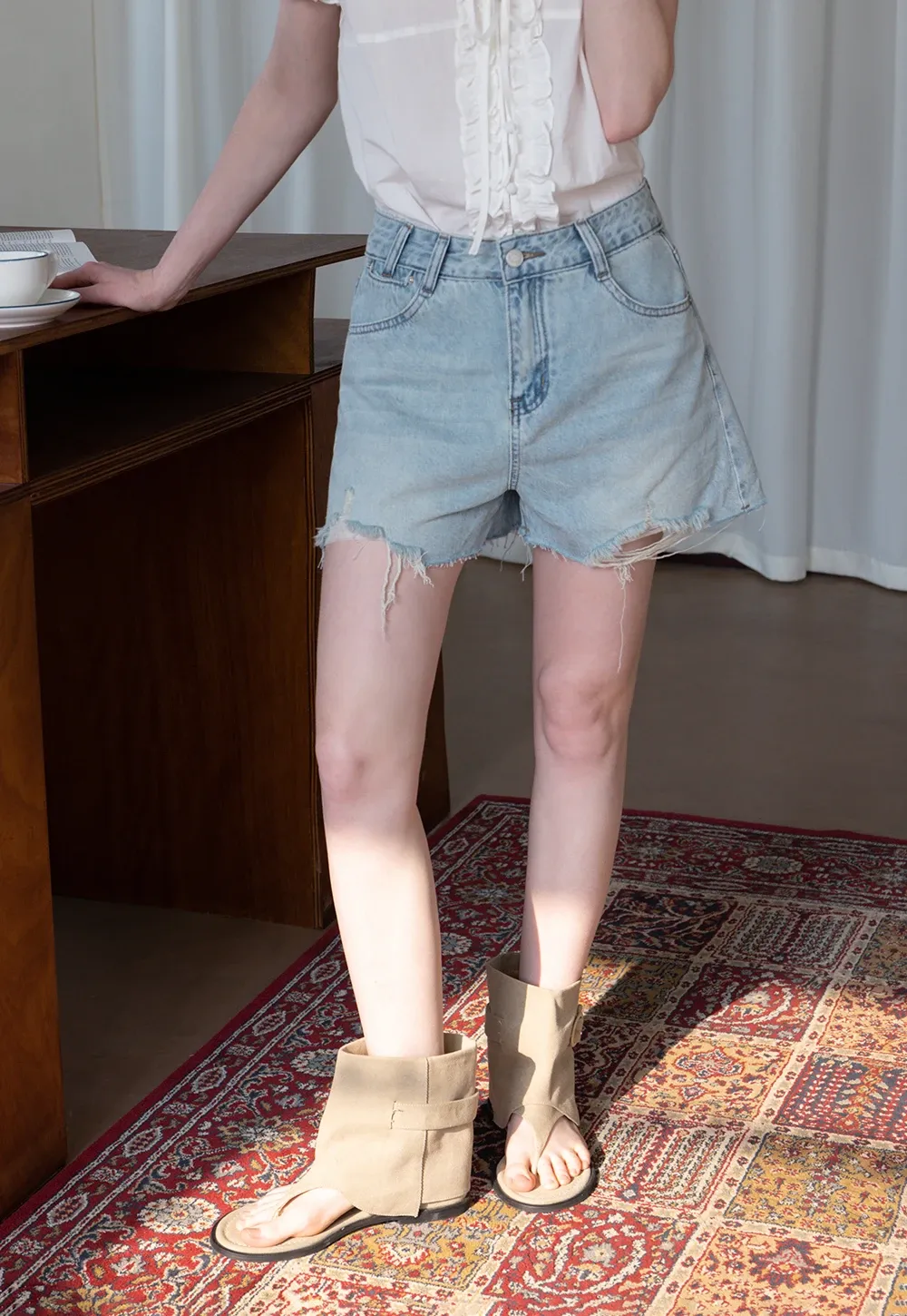 Fringed Belted Distressed Denim Shorts