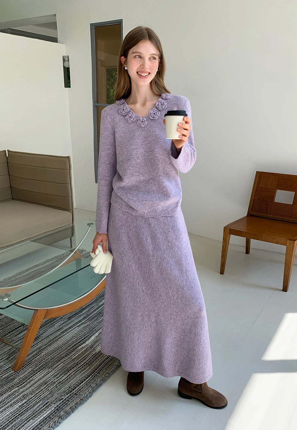 Womens Knitwear Set Long Sleeve Top Skirt