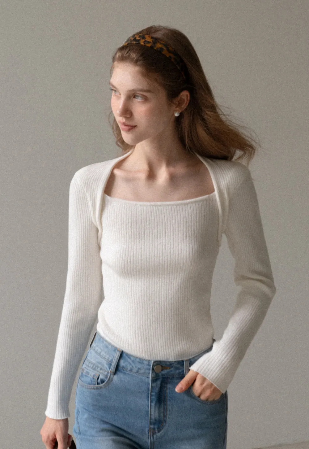 Women Square Neck Ribbed Knit Shrug Top
