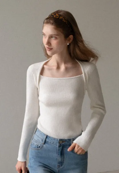 Women Square Neck Ribbed Knit Shrug Top
