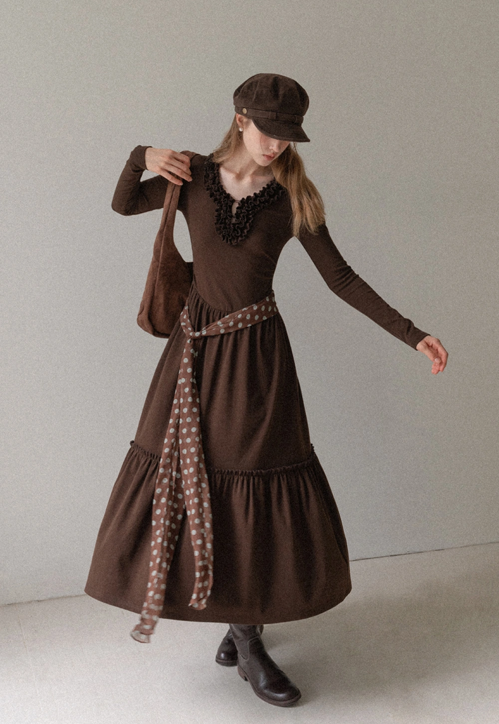 Women Long Sleeve Ruffle Neck Vintage Maxi Dress