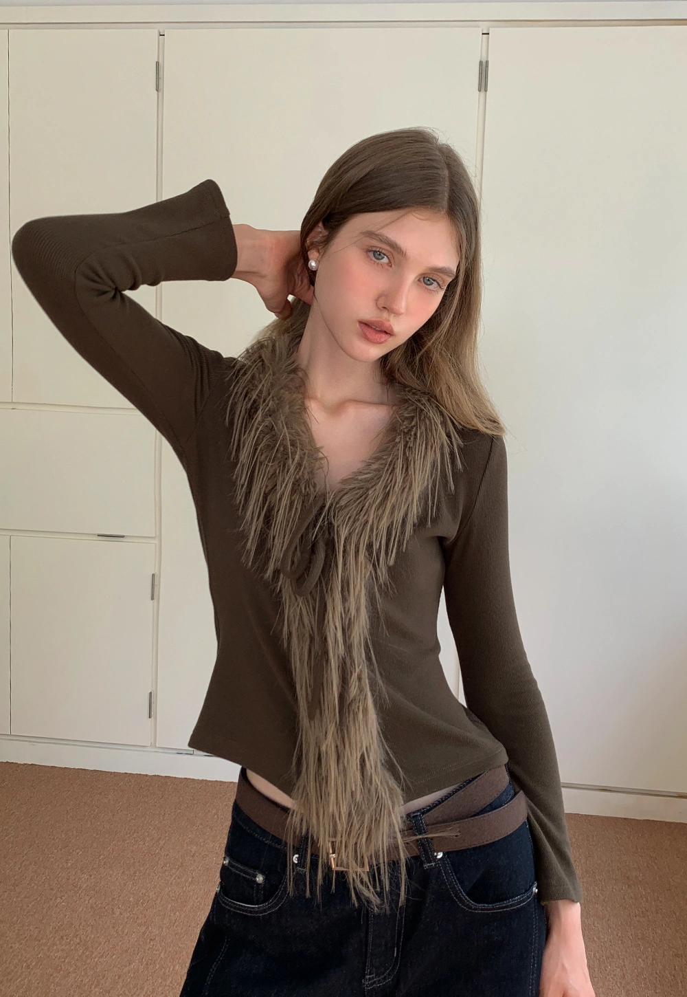Women Faux Fur Collar Long Sleeve Knit Top
