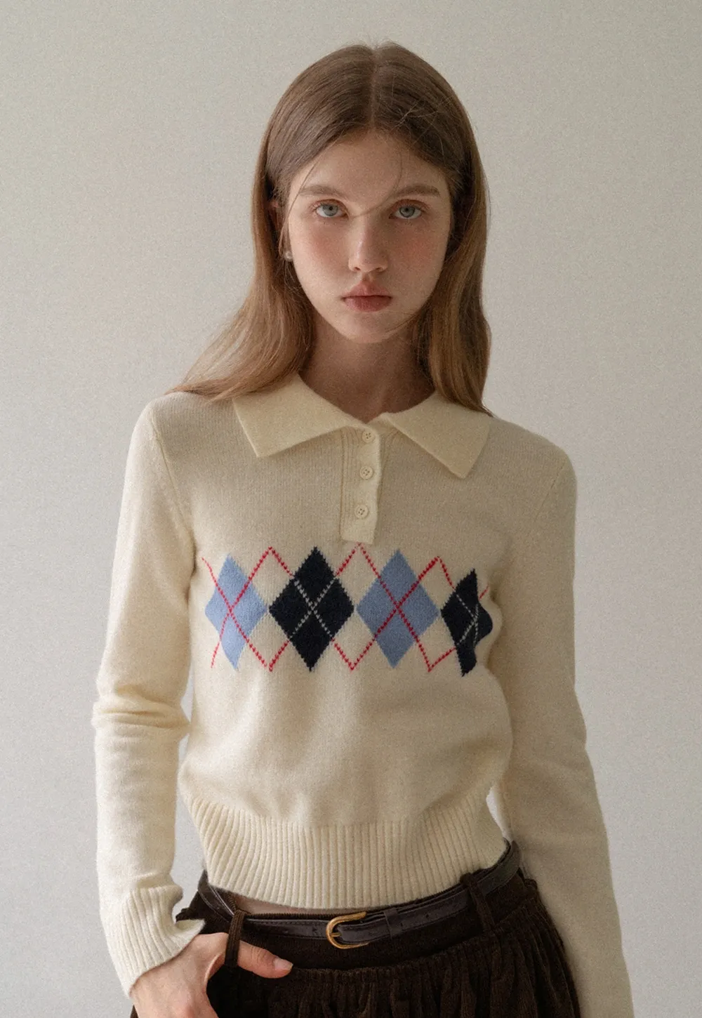 Women Argyle Knit Sweater Collared Long Sleeve Top