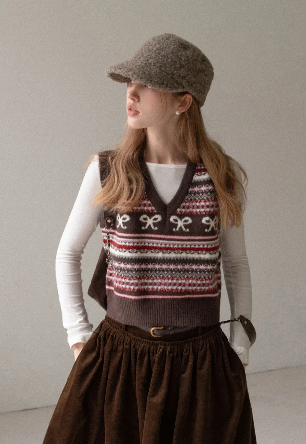 Preppy Bow Pattern V Neck Knit Sweater Vest