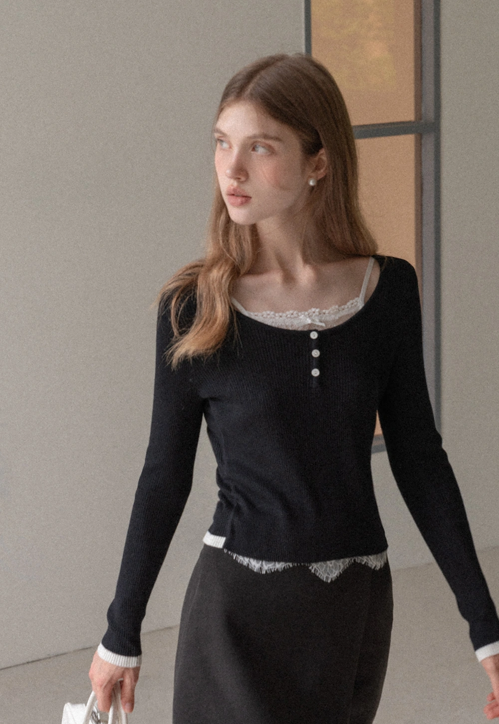 Women Lace Trim Knit Top Long Sleeve Elegant Style