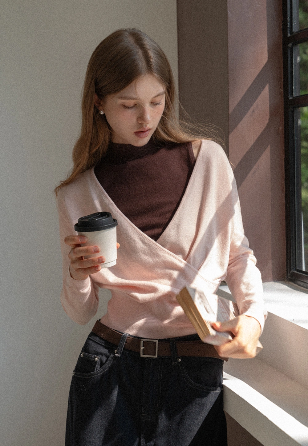 V Neck Wrap Knit Top and Sleeveless Vest Set