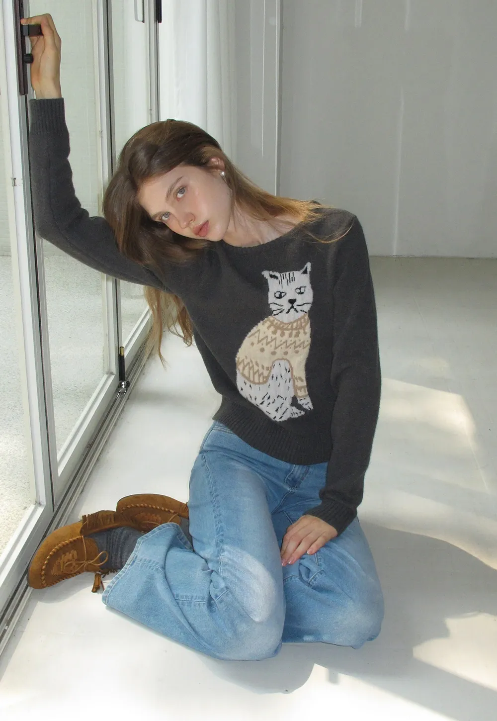 Women Cat Pattern Knit Sweater Cute Pullover Top