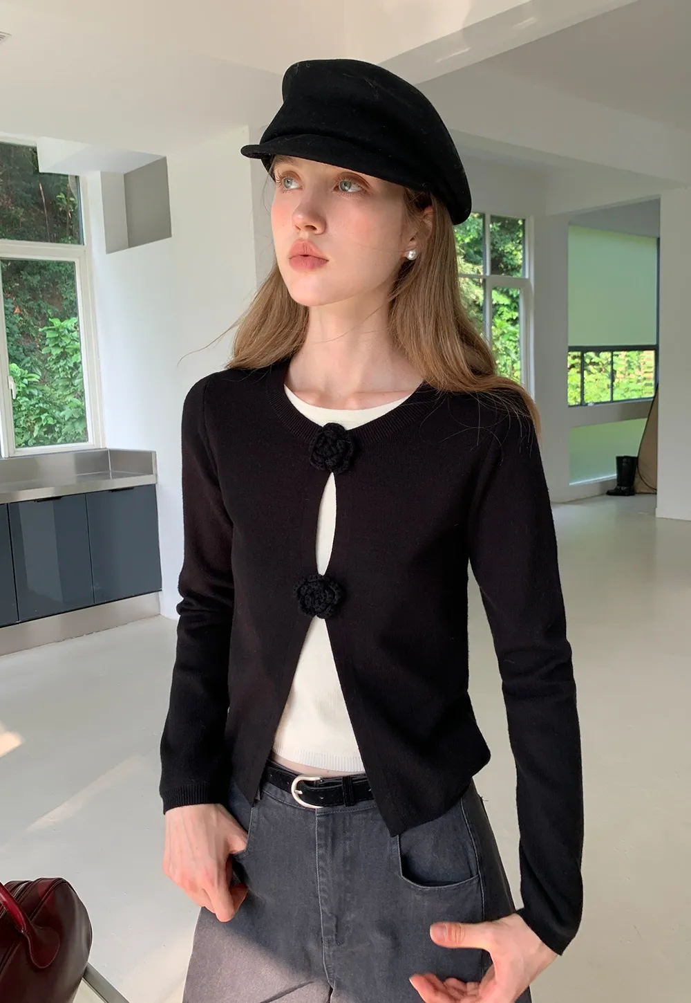 Women Knit Cardigan with Flower Button Vintage Style