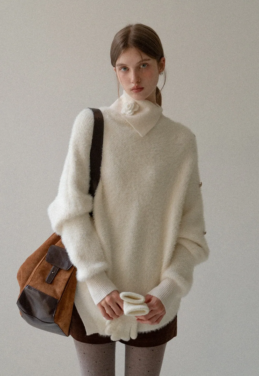 Cozy White Turtleneck Sweater Women Fuzzy Knit Top