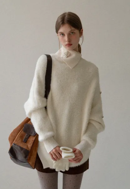 Cozy White Turtleneck Sweater Women Fuzzy Knit Top