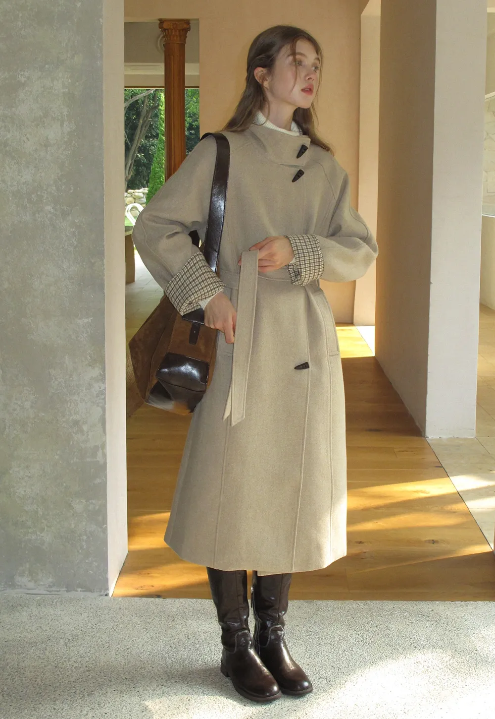 Womens Stand Collar Toggle Wool Coat with Plaid Trim