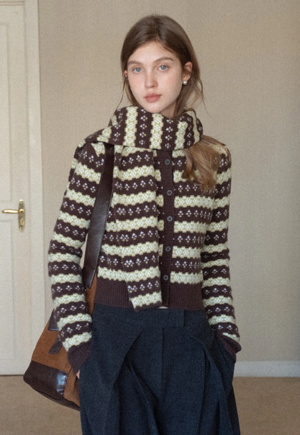 Women Warm Knit Cardigan Set Vintage Striped Style