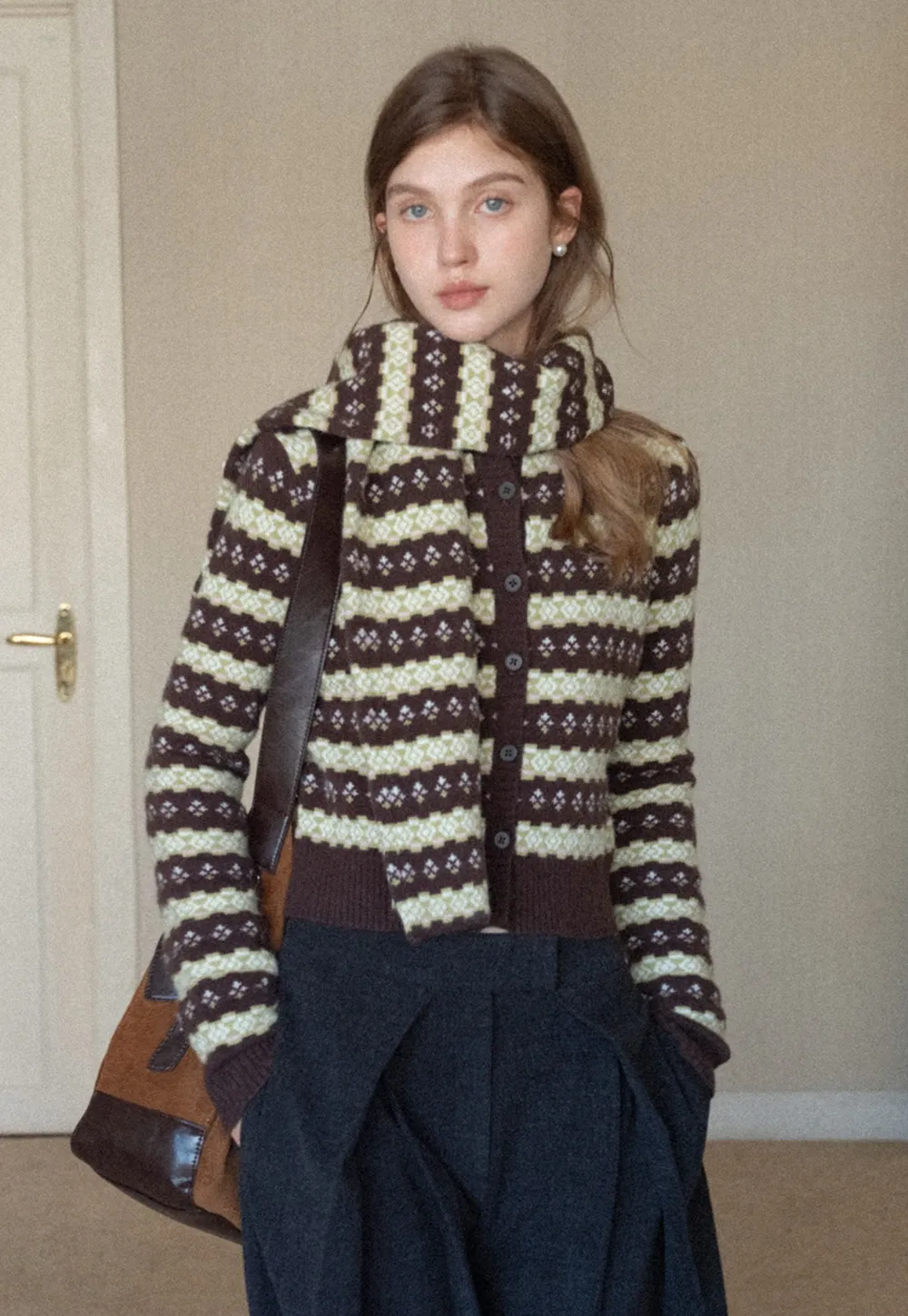 Women Warm Knit Cardigan Set Vintage Striped Style