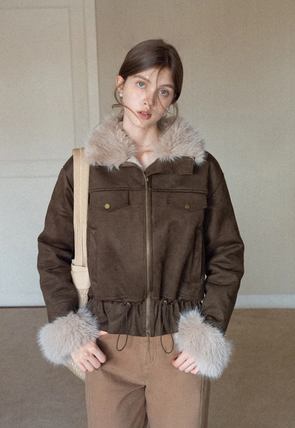 Women Faux Suede Fur Trim Short Winter Jacket