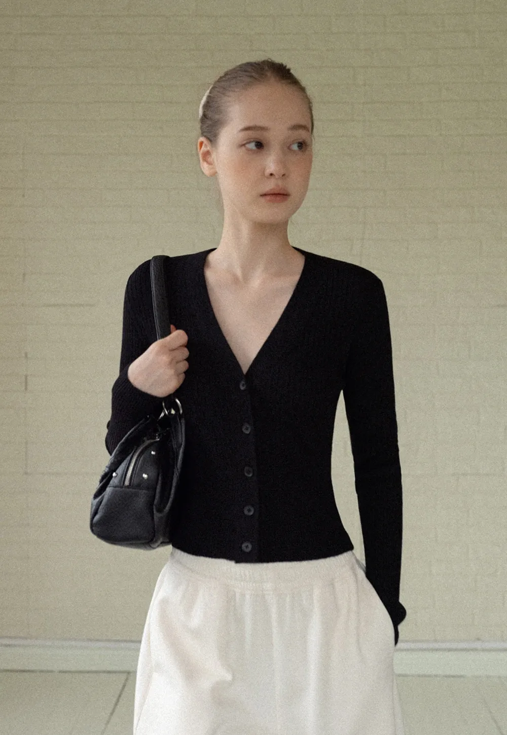 Women’s Ribbed V-Neck Cardigan with Button Detail