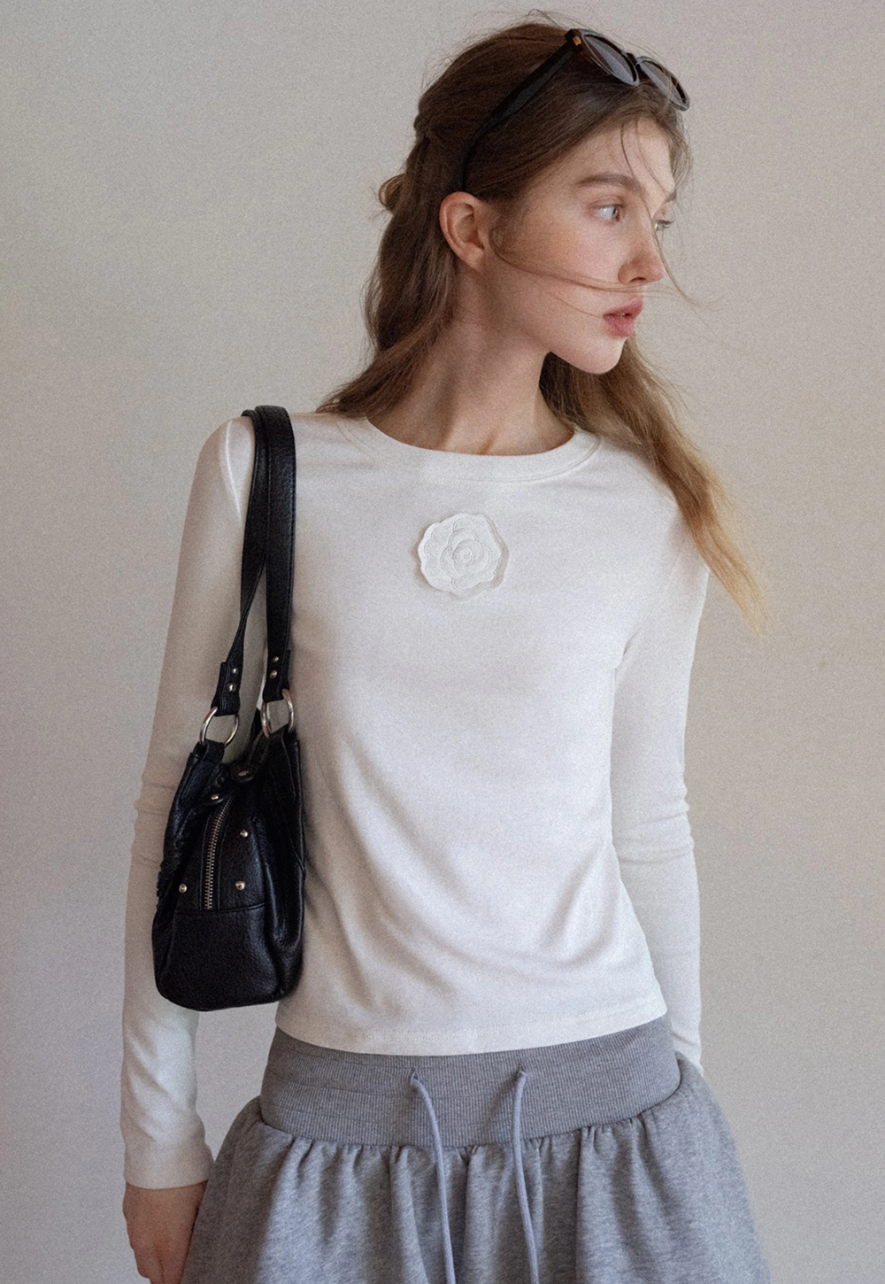 Women Long Sleeve Top with Flower Detail