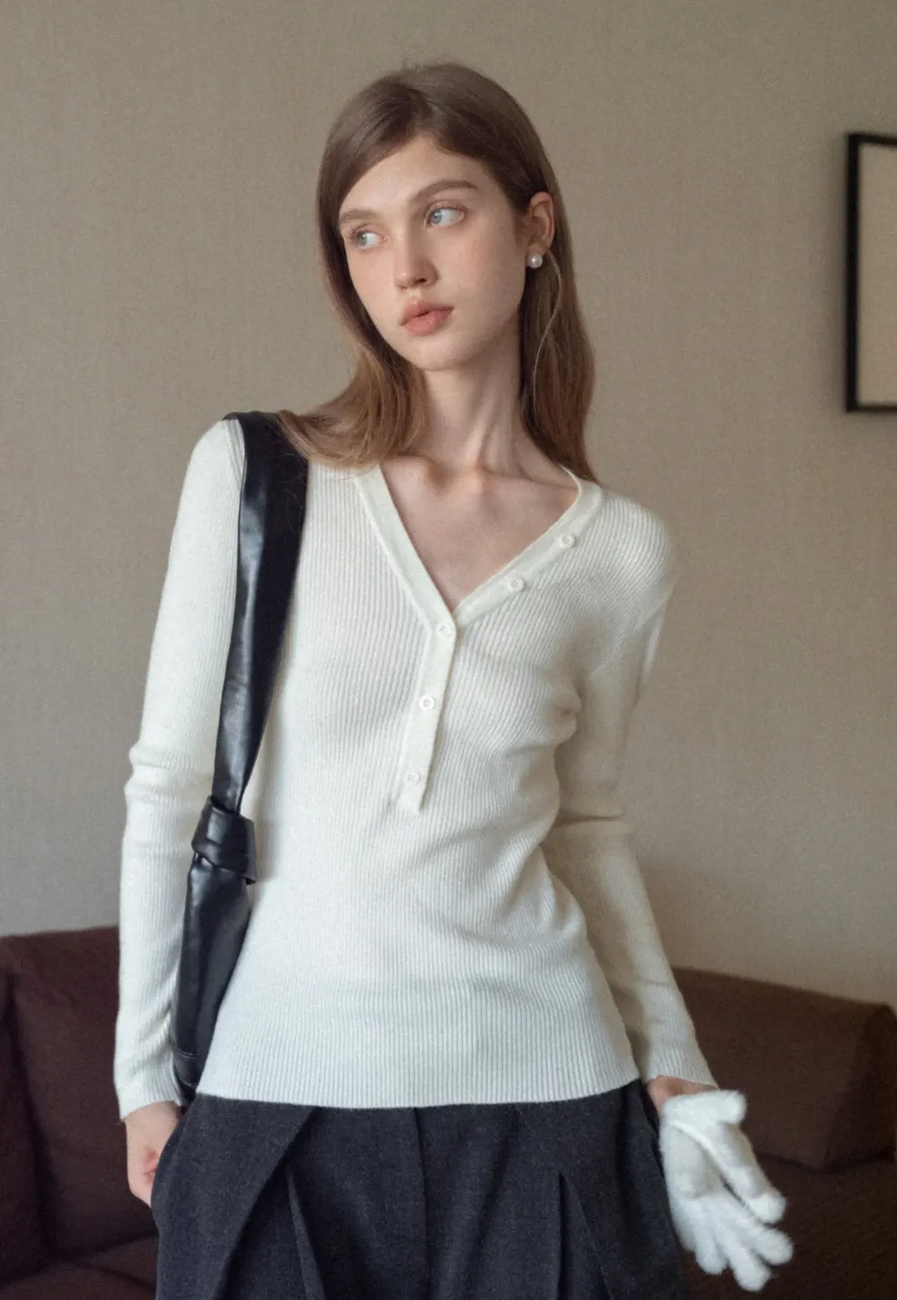 Womens Ribbed Long Sleeve V-Neck Button Top