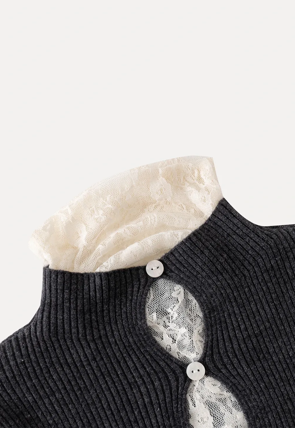 Womens Ribbed Mock Neck Top with Lace Buttons