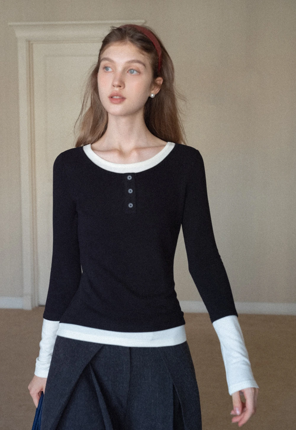 Womens Colorblock Long Sleeve Henley Top