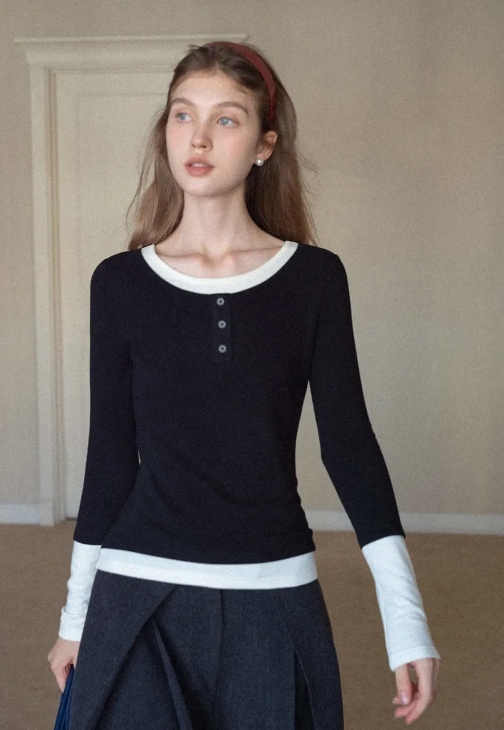 Womens Colorblock Long Sleeve Henley Top