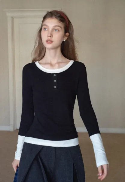 Womens Colorblock Long Sleeve Henley Top