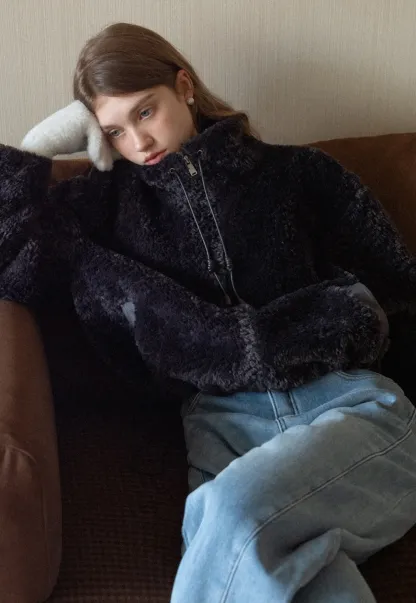 Womens Oversized Stand Collar Faux Leather and Sherpa Jacket