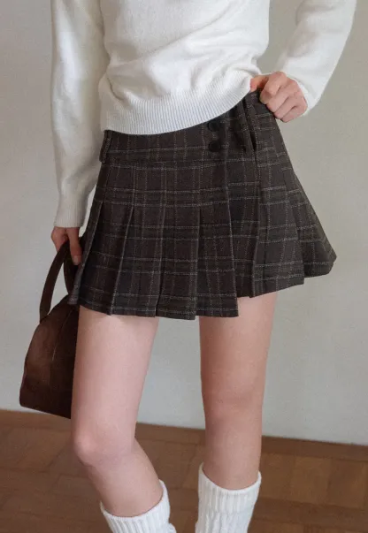 Womens Plaid Pleated Mini Skirt with Button Detail