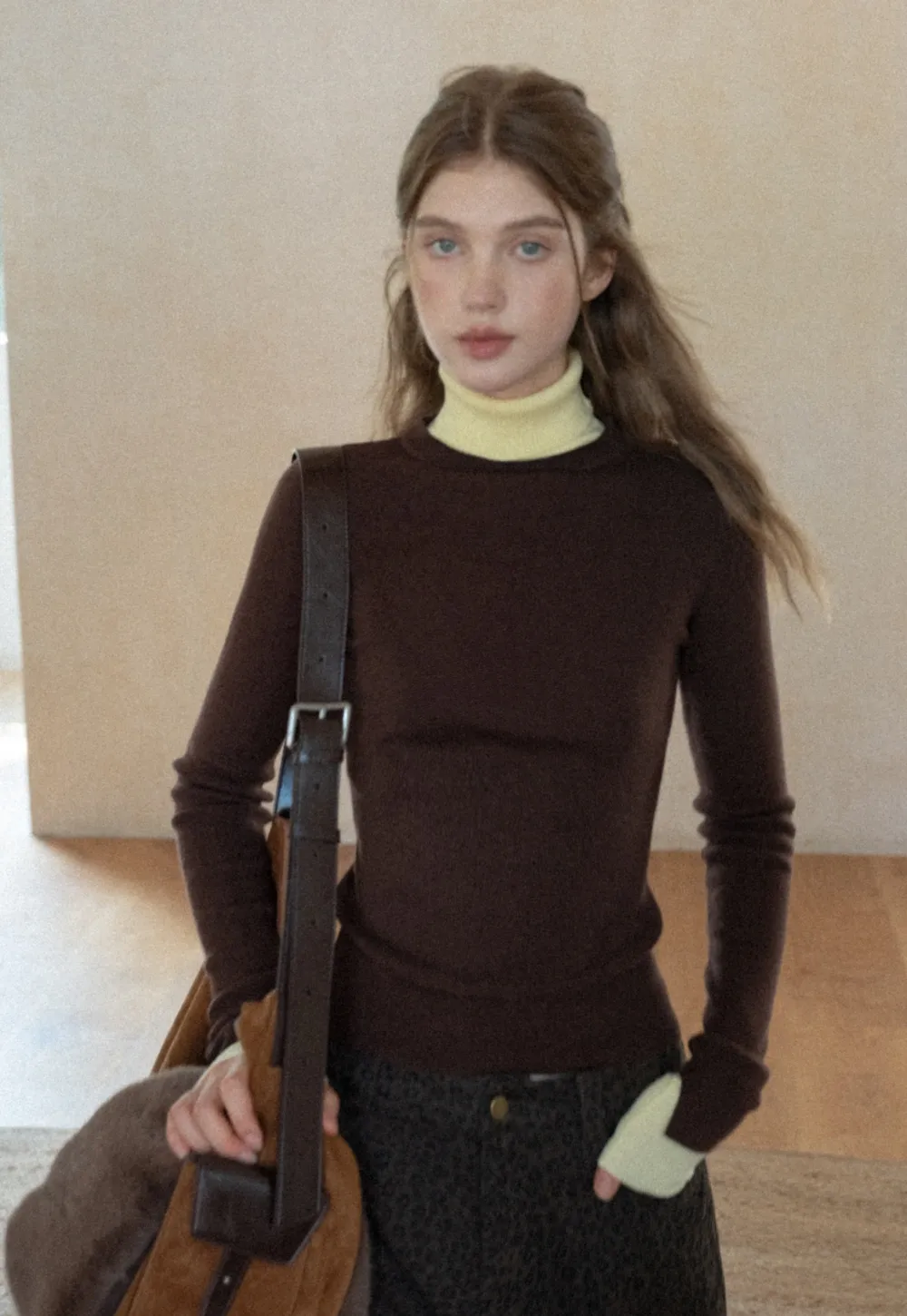 Casual Brown Turtleneck Sweater with Yellow Cuffs
