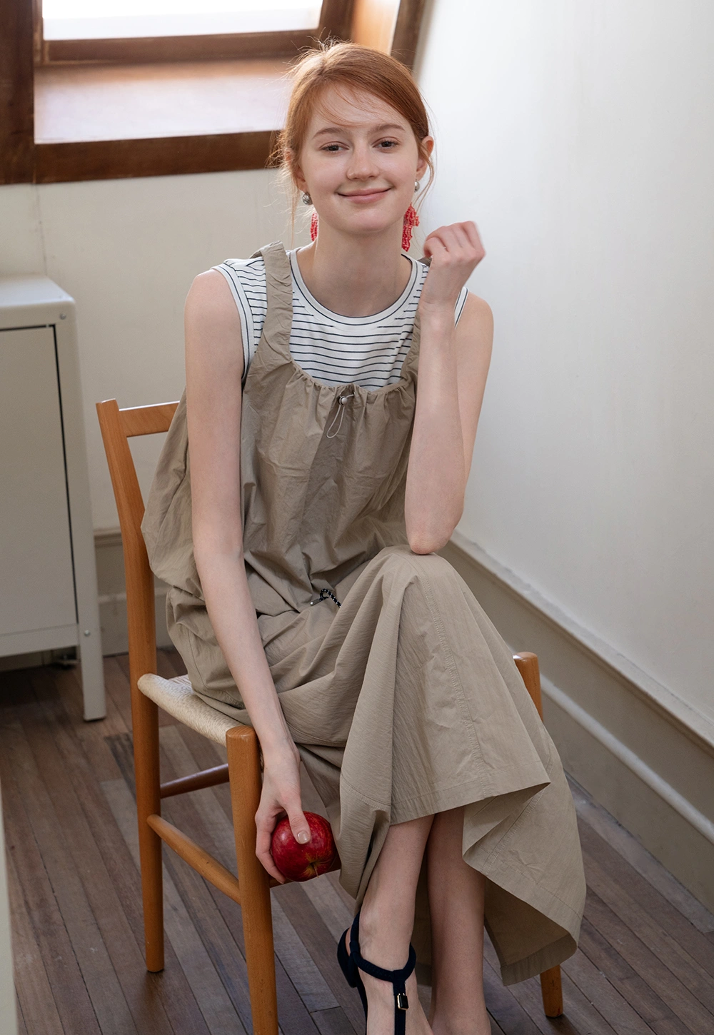 Women’s Striped Layered Top with Ruffle and Beige Drawstring Skirt Set
