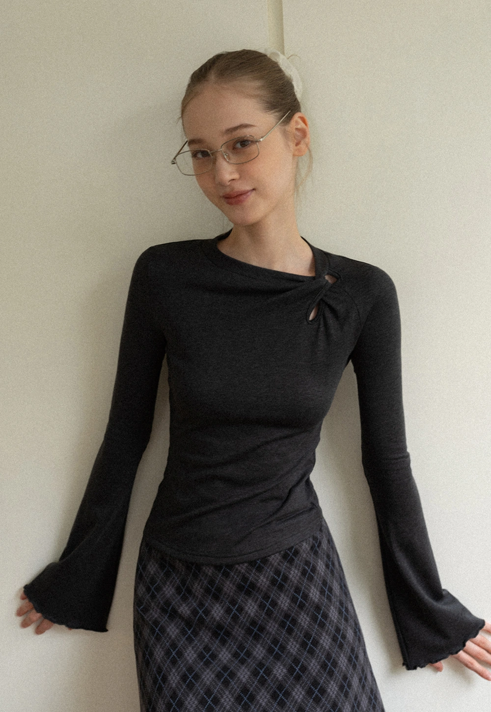 Women Gray Knot Detail Long Sleeve Top